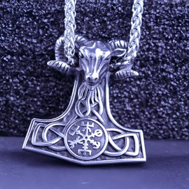 Joddfly Vintage men's Nordic goat thunder hammer compass rune pendant Viking Odin titanium steel amulet pendant necklace with wheat chain 24 inch gift box packaging