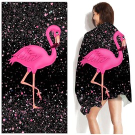 IHAUIUE Flamingo Print Beach Towels Microfiber Quick Dry Travel Towel Tropical Sand Free Pool Blanket for Women, Ladies, Girls, Pink Flamingo Black
