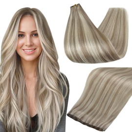 Full Shine Human Hair Weft Hand Tied Genius Weft Hair Extensions 22 Inch Sew in Hair Extensions Real Human Hair for Women Couture Color Ash Blonde Highlighted Bleach Blonde Bundles 60G
