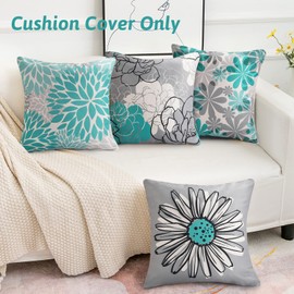 Cheekywares Sofakissen 50x50 Kissenbezug Füllung Moderne Boho Türkis und Grau Gänseblümchen Lienen Deko Kissen Kissenhülle für Sofa Garten Couch Schlafzimmer Outdoor 4 Stück