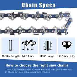 T.TAOMI 3-Pack 28 Inch Chainsaw Chain 3/8" Pitch .050" Gauge 91 Drive links,Fits for Stihl MS460 (MAGNUM), MS461, MS650, MS660 (MAGNUM), MS661 C-M (R C-M)，Stihl 064, 066 (MAGNUM) (28"91D 3/8".050")