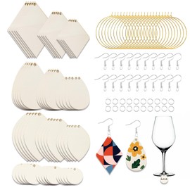 60pcs Unfinished Wooden Drink Charms for Glasses-4 Styles of Statement Wine Charms with Drink Tags Rings,Earring Hook & Jump Rings for Dangle Earrings or Bag Charms