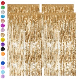 Champagne Gold Tinsel Curtain Party Backdrop,4pcs 3.2ft x 6.5ft Foil Curtain Decorations,Foil Fringe Streamers Metallic Tinsel Door Hanging Foil Flow Silk Streamers for Birthday Wedding Holiday Party