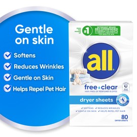 all Fabric Softener Dryer Sheets for Sensitive Skin, Free Clear, 80 Count