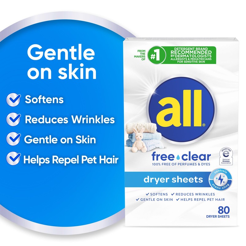 all Fabric Softener Dryer Sheets for Sensitive Skin, Free Clear,