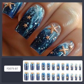 Dark Blue Gradient Press on Nails Medium Square Artificial Acrylic Nails Embossed 3D Gold Starfish Design Glossy Stick on Full Cover Reusable Coffin Artificial Fingernails Glue on Nail for Women 24Pcs