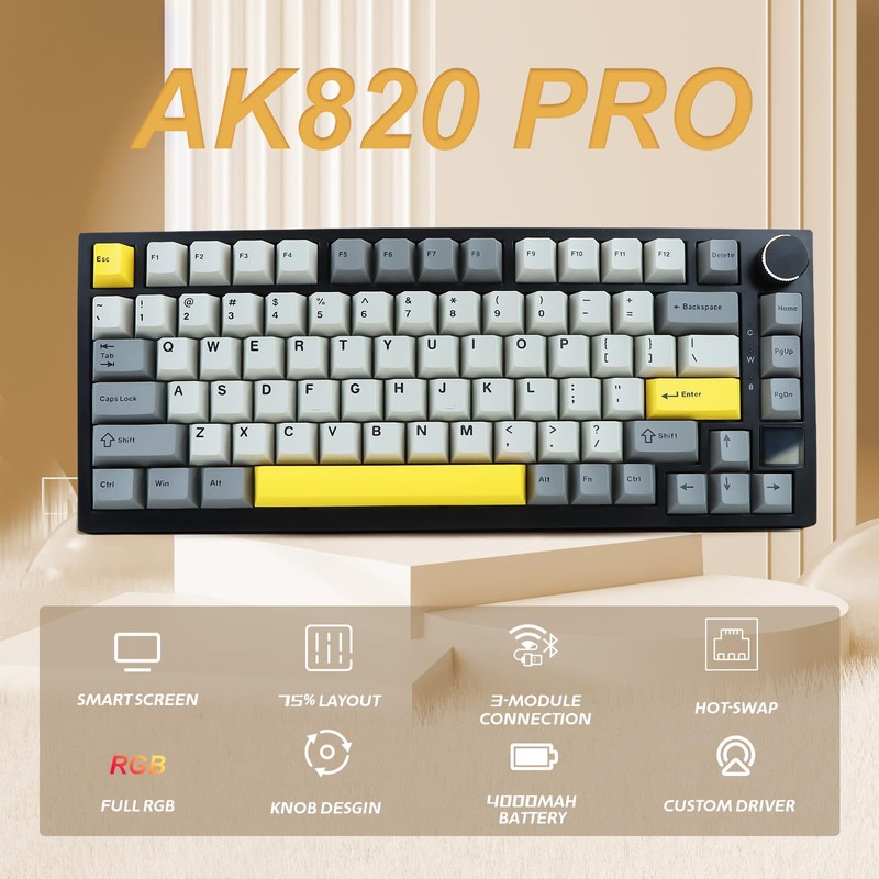 AJAZZ AK820 Pro 75% Gaming Keyboard, Triple Mode Connected RGB