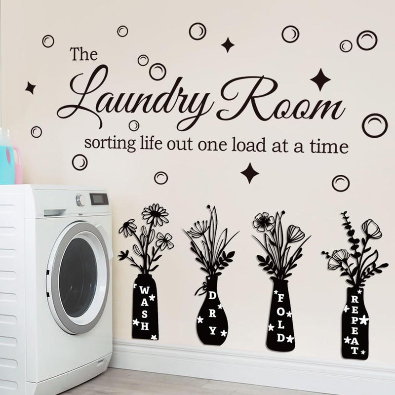 Laundry Room Wall Decal, Wash Dry Fold Repeat Flower Vase
