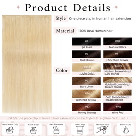 SEGO One Piece Clip in Extensions, 5 Clips Real Human Hair Extensions, Long Straight, 12 inches, #613 Bleach Blonde