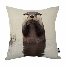Mugod Otter Decorative Throw Pillow Cover Case Cute Otter Floating in The River Brown and White Cotton Linen Pillow Cases Square Standard Cushion Covers for Couch Sofa Bed 18x18 Inch
