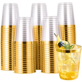 AUTOWNLUX Pack of 50 Hard Plastic Cups with Gold Edge, 300 ml/10 oz Plastic Drinking Cups, Reusable Transparent Party Cups for Party, Wedding, Birthday