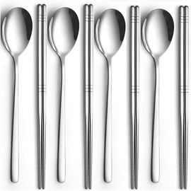 Spoon and Chopsticks Set, 4 Pair Stainless Steel Metal Chopsticks Spoon Set,4 Set Korean Chopsticks and Spoons,  Flat Long handle Chopstick Spoon Set for Home, Kitchen or Restaurant - Color: 4 chopsticks and 4 spoons set