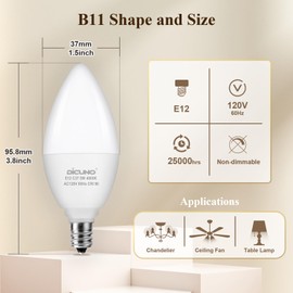 DiCUNO - Bombillas LED E12 equivalentes a 60 W, color blanco natural 4000 K, 600 lm, 5 W tipo B para ventilador de techo y candelabro, CRI90, no regulable, paquete de 6