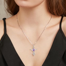 Jiahanzb Birthstone Angel Wing Cross Necklace 925 Sterling Silver Cross Pendant with Colourful Birthstone 12 Months, CZ Diamond Cross Jewellery for Women Birthday Gift, Sterling Silver