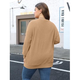 Celkuser Women's Plus Size V-Neck Cardigan Sweater Lightweight Button-Down Open Front Oversized Knit with Pockets(cel171_Coatkhaki_4XL_ca) Khaki