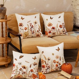 Tikeciti Fall Bohemia Floral Pillow Covers Autumn Flower 18 x 18 Inch Throw Pillows, Thanksgiving Harvest Farmhouse Cushion Case Grateful Decorations for Couch Sofa Set of 4