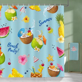 Bonhause Summer Fruits Shower Curtain, Tropical Coconut Pineapple Watermelon Cherry Bathroom Curtain 72 x 72 Inch Polyester Fabric Waterproof Bath Curtain with 12 Hooks