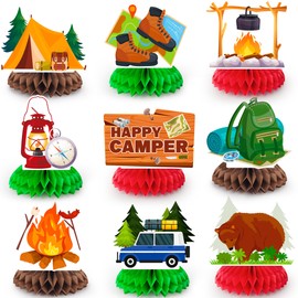 Camping Honeycomb Centerpieces, 9 Pcs Camping Party Honeycomb Centerpieces/Happy Camper Honeycomb Centerpieces/Camper Table Centerpieces for Camping Party Decorations & Camp Birthday Decorations