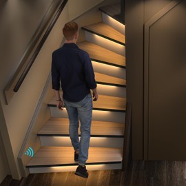 RWOFNIA Motion Sensor with Daylight Sensor Sync Light Up Type LED Stair Lighting Kit SSL-0516, Suilt for 20-40inches Wide Indoor Staircase (Warm White 3000K, 8 Stairs)