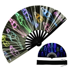 TRENDBOX Large Folding Hand Fan, UV Glow Fan for Rave, Festival Folding Hand Fan for Women Men with Velvet Bag for Decorations, Party, Dance and Music Festival - Body shape sketch