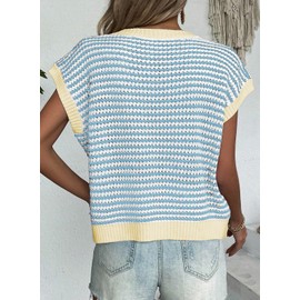 EVALESS Women's 2025 Sleeveless Round Neck Striped Sweater Vest Teacher Short Sleeve Color Block Pullover Tank Tops Sky Blue Small