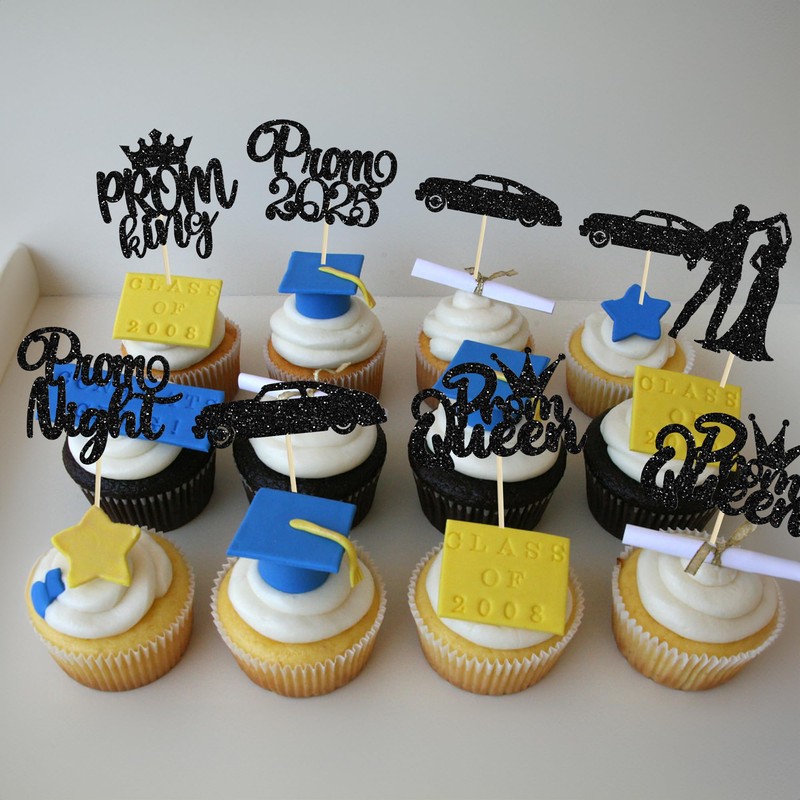 Gyufise 24Pcs Black Prom Cupcake Topper Prom Decorations for Party
