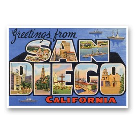 GREETINGS FROM SAN DIEGO, CA vintage reprint postcard set of 20 identical postcards. Large Letter San Diego, California city name post card pack (ca. 1930's-1940's). Made in USA.