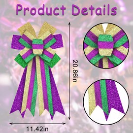 ALIBBON Large Mardi Gras Bows for Wreaths, Mardi Gras Wreath Bows, Glitter Purple Green Gold Bows, Stripe Bows for Front Door, Mardi Gras Decorations Bows for Mardi Gras Carnival Indoor Outdoor Decor
