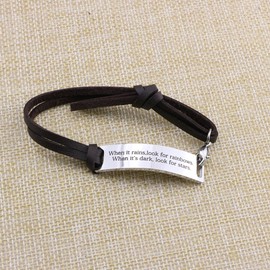 Yiyang Motivational Gift Inspirational Leather Bracelet Adjustable Bangle Jewellery Stainless Steel Engraved (When it rains look for rainbows, when it's dark look for strars-Brown leather)