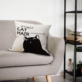 Mancheng-zi It's Not Cat Hair It's Kitty Glitter Throw Pillow Case, Funny Cat Pillow, Children Room Decoration, 18 x 18 Inch Black Cat Cotton Linen Cushion Cover for Sofa Couch Bed