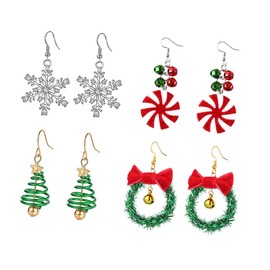 SHOWERORO 4pairs Christmas Themed Earrings of Festive Jewelry Including Tree Candy Bell Wreath and Snowflake Holiday Accessories for Women and Girls