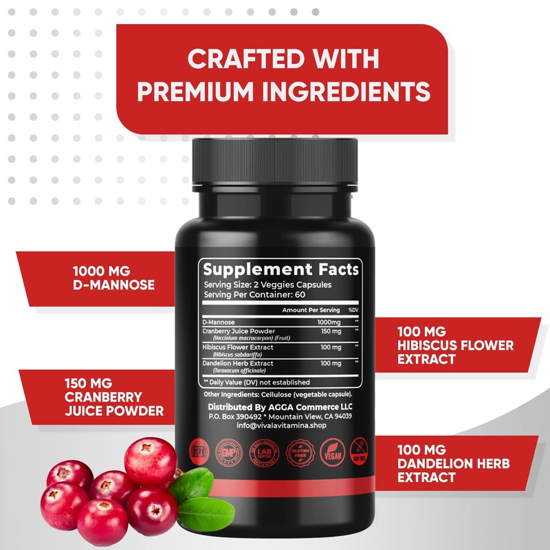 D-Mannose Supplement with Cranberry, Hibiscus, Dandelion Extract 1350mg – High-Strength