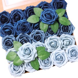 Jdsour 25pcs Artificial Flower，Real Looking Foam Roses w/Stem for DIY Wedding Bouquets Centerpieces Bridal Shower Party Decor-Shades of Navy Blue