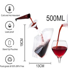 Akliocss Pack of 12 500 ml Drinking Bags with 2 Funnels Plastic Drinking Bottles Leak-Proof Plastic Hip Flask with Spout for Travel, Outdoor Sports