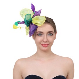 KalluliCC Fascinators for Women Tea Party Headband Hats Cocktail Flower Mesh Feathers Headwear Hair Clip,Purple Yellow Mesh Wedding Headbands for Women and Girls