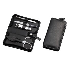 Manicure Set 4-Piece Travel Case - Nail Scissors, Nail Clippers, Nail File and Tweezers - Case Made of Genuine Nappa Lambskin Leather - Manicure and Pedicure (Black)