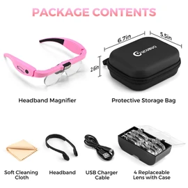 GUOUBUO Magnifying Glass with Light, 1.5X-5.0X Magnifying Glasses, Rechargeable Magnifier Headset with Light, Head Magnifier with 4 Detachable Lenses, Magnify Glasses for Close Work Crafts Jewelry