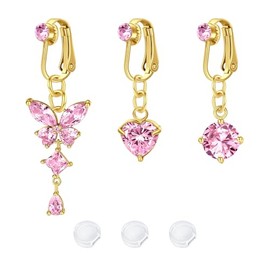 LAURITAMI 3pcs Fake Belly Button Bar Ring Clip on Non Piercing Silver Gold Dangle Belly Button Jewellery with CZ Heart Butterfly
