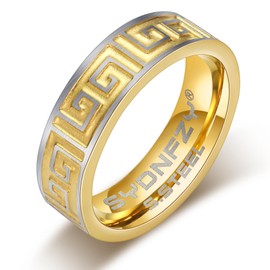 SYDNFZY Mens Wedding Band Ring - Fashion Durable Stainless Steel Engagement Promise Rings for Men Women, 6mm Greek Key Ring for Men Couple Jewelry Gift Ring Size 6 7 8 9 10 11 (Greek key-gold, 9)