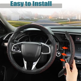 West Llama 3PCS Leather Auto Steering Wheel Cover for 99% Cars, Snap On Universal Large Steering Wheel Cover(Diamond Quilted-Red)