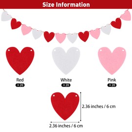ADXCO 5 Pack Valentines Heart Garland Decorations Felt Heart Banner Hanging Valentines Garland NO DIY for Valentines Decorations, Anniversary, Mantle, Room Decor (Red, White, Pink)