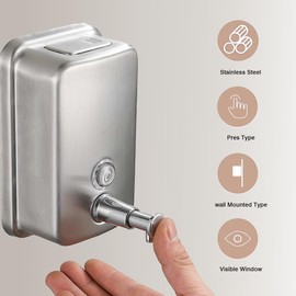 NSCMQSL Commercial Soap Dispenser Wall Mount Stainless Steel Soap Dispenser 500ml/17oz for Bathroom Rust-Proof Lining Liquid Hand Sanitizer Dispenser for Hotels Restaurants Bathroom and Home(Silver)