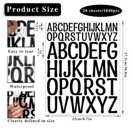 1040pcs Letter Stickers 20 Sheets 2+1Inch Alphabet Stickers Vinyl Stick Black Self Adhesive Waterproof for Bulletin Board Letters Kit Mailbox Numbers Labels DIY Crafts Art Making(Black)