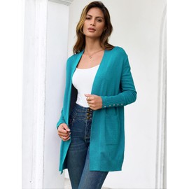 BB&KK Women's Open Front Cardigan Sweaters Button Cuff Long Sleeve Knit Tops Casual Fall Coats Outerwear with Pockets Light Blue L