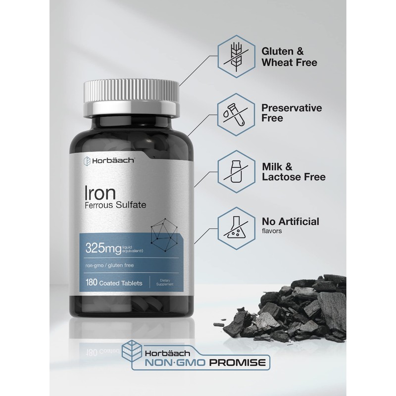 Horbäach Iron Ferrous Sulfate 325mg | 180 Count | Vegetarian,