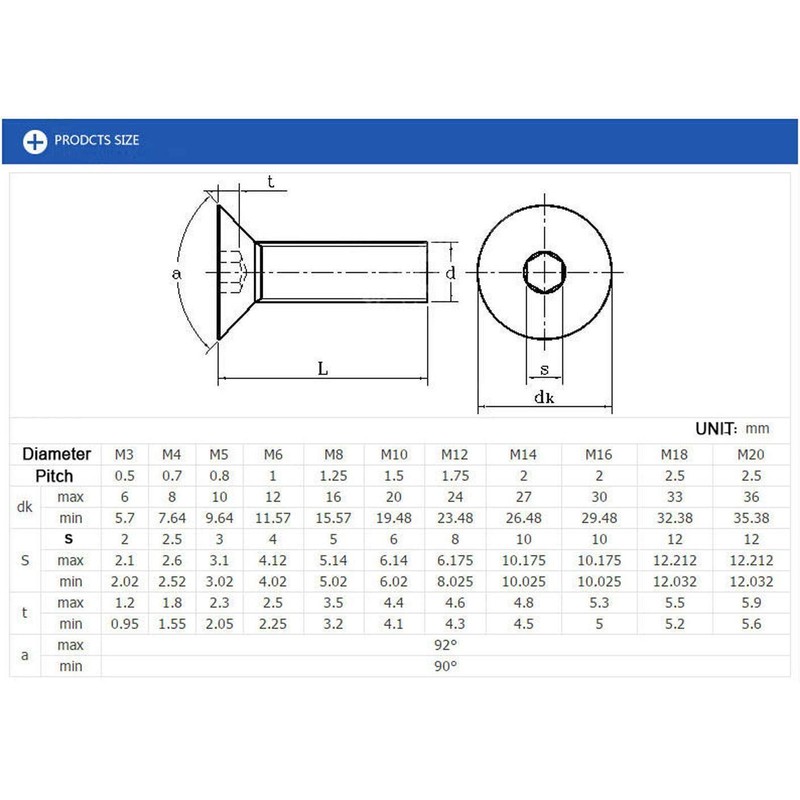50pcs M4 x 6mm Grade 10.9 Flat Countersunk Hex Socket