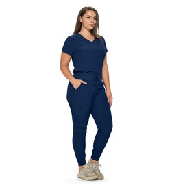 Monarch Uniforms Slim Fit Stretchy Scrubs Women's Jogger Scrub Set Slim Jogger Scrubs with Tuck-In Top for Women (NAVY BLUE-L)