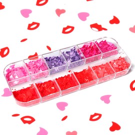 Mesiyun 12 Grids Nail Art Heart Red Glitters 3D Holographic Love Lip Nail Pink Sequins Decals Flakes for Valentines Day Nail Art Manicure Decorations