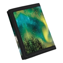 GLUDEAR Cool Forest Wolf Green Aurora Print Wallet for Teens Kids Boys Girls,Slim RFID Trifold Canvas Wallets for Travel School