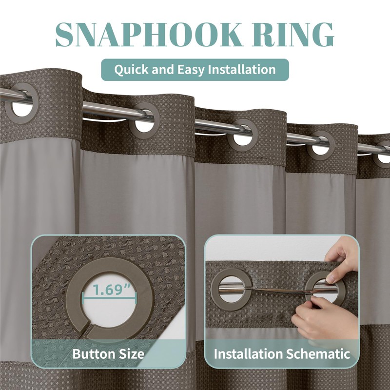 eachope Brown No Hook Waffle Weave Shower Curtain with snap-in